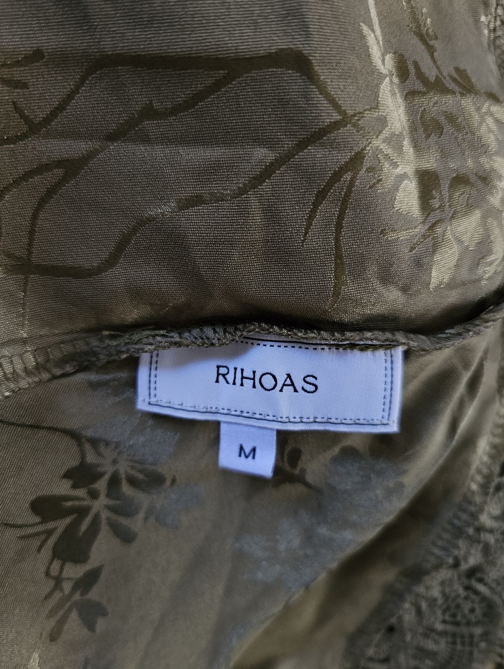 RIHOAS Olive Green Satin Maxi Dress with Lace Trim - Picture 8 of 9